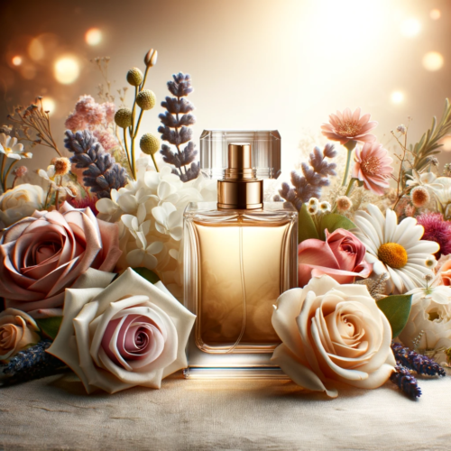 Perfume bottle with beautiful flowers.